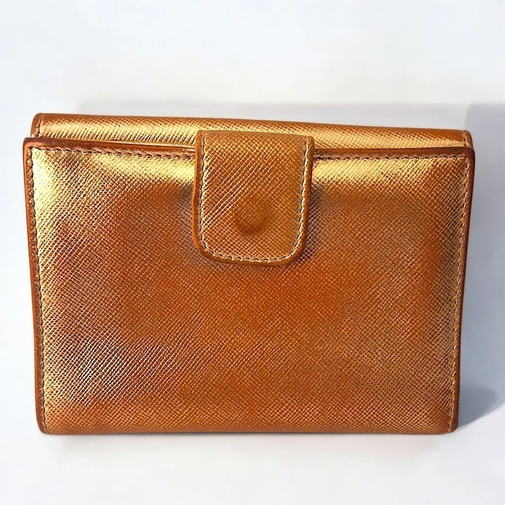 Prada Saffiano Leather Compact Wallet in Metallic Oro Gold with COA